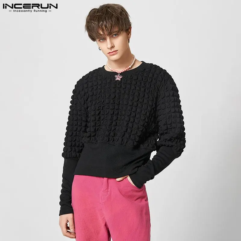 

Модные повседневные стильные топы INCERUN, новинка, Мужская комбинированная рубашка с круглым вырезом, красивые мужские однотонные универсальные футболки с коротким рукавом, искусственная кожа