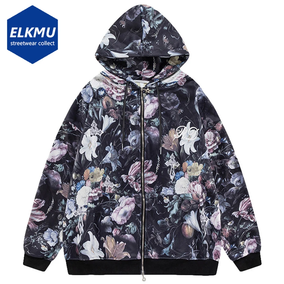 

Vintage Flower Pattern Zip Up Hoodies 2022 New Men Harajuku Streetwear Sweatshirts Oversized Hip Hop Tracksuit Jacket
