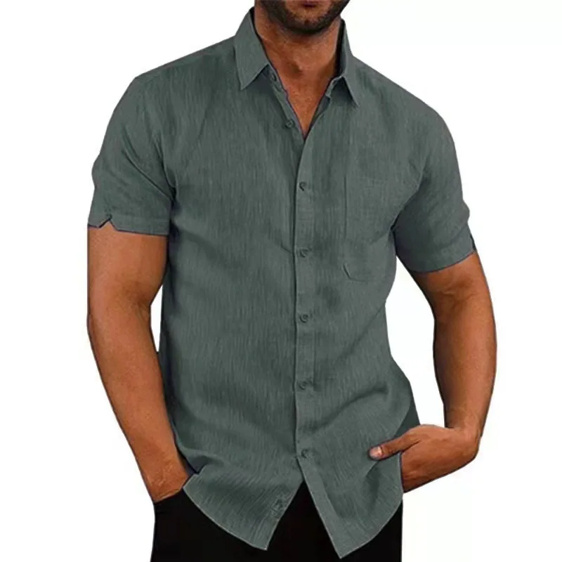 

Summer Lapel Solid Color Short Sleeve Button Men's Linen Shirt
