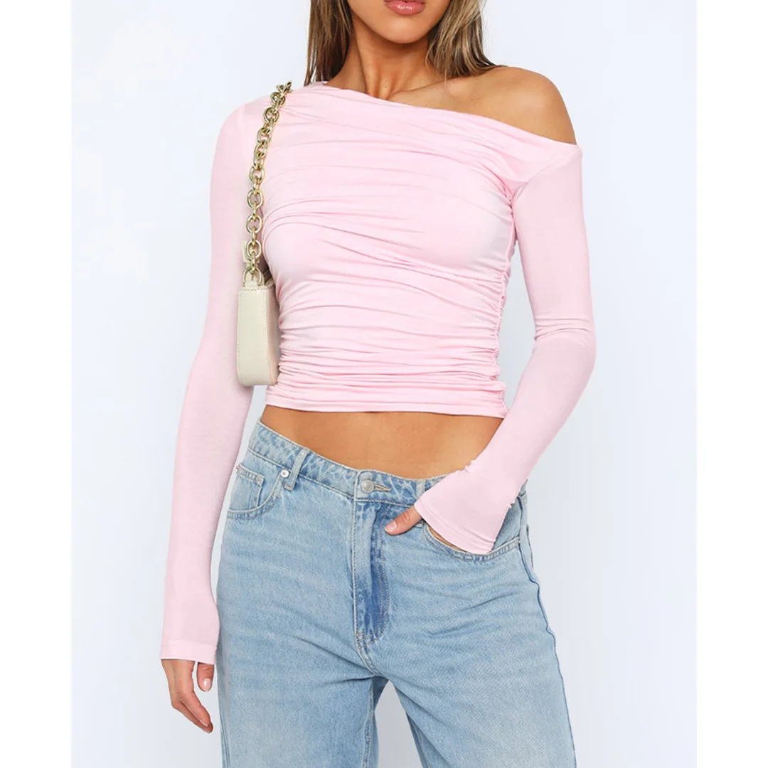 

Sexy Pleated T Shirts Fashion Cropped Top Sweatshirts Y2K Streetswear Fall Clothes Women Elegant Luxury One Shoulder Tops Tees