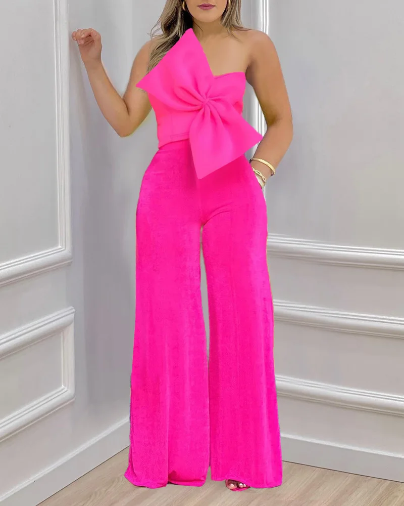 

Bowknot Decor Crop Tube Top & Wide Leg Pants Set Women Solid Color Strapless Sleeveless High Waist Clothes Suit