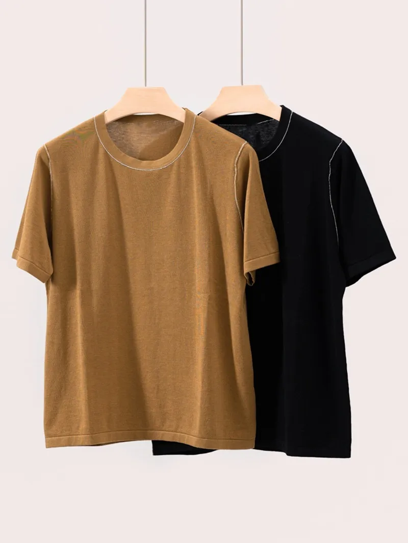 

Women's T-Shirt Bead Chain Trim Round Neck Casual Tees