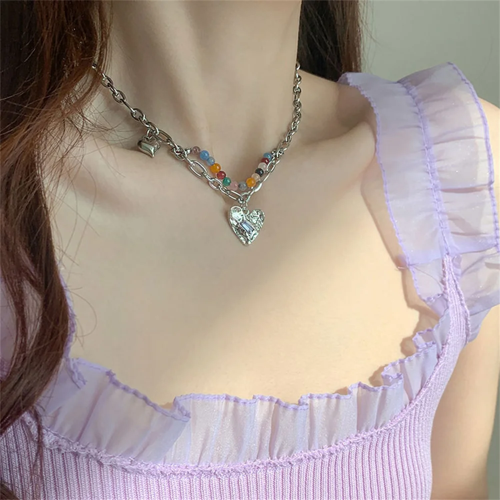 

Sweet Cool Spicy Girl Style Titanium Steel Necklace Female Summer Love Advanced Color Beaded Splicing Clavicle Chain