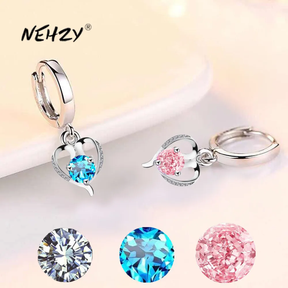 

NEHZY Silver plating new women's fashion jewelry earrings blue pink Cubic Zirconia heart-shaped long tassel retro earrings