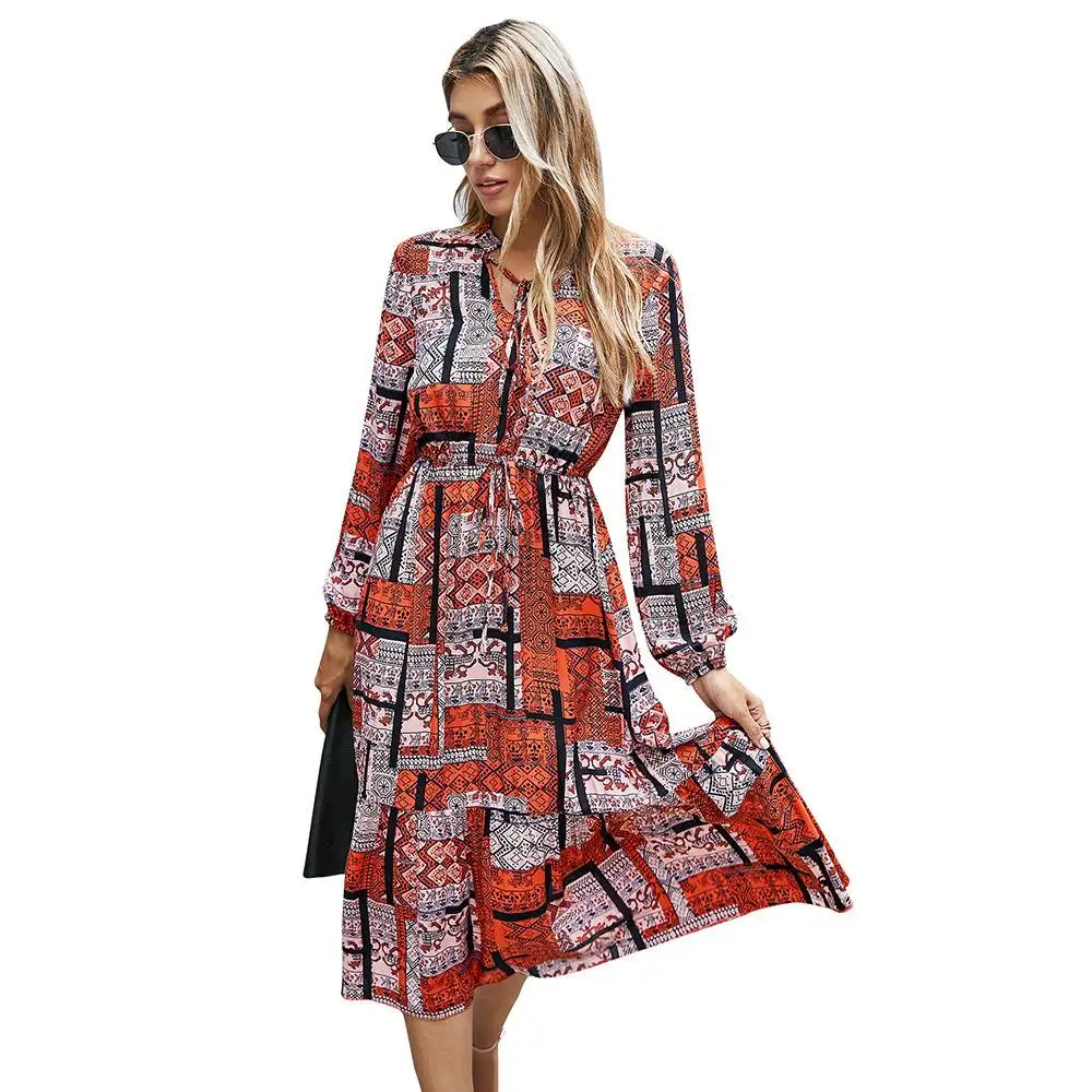 

Fashion Women Vogue Geometry Print V-Neck Long Sleeve Loose Flowy Swing Midi Dress Bohemian Empire High Waist Autumn Lady Dress