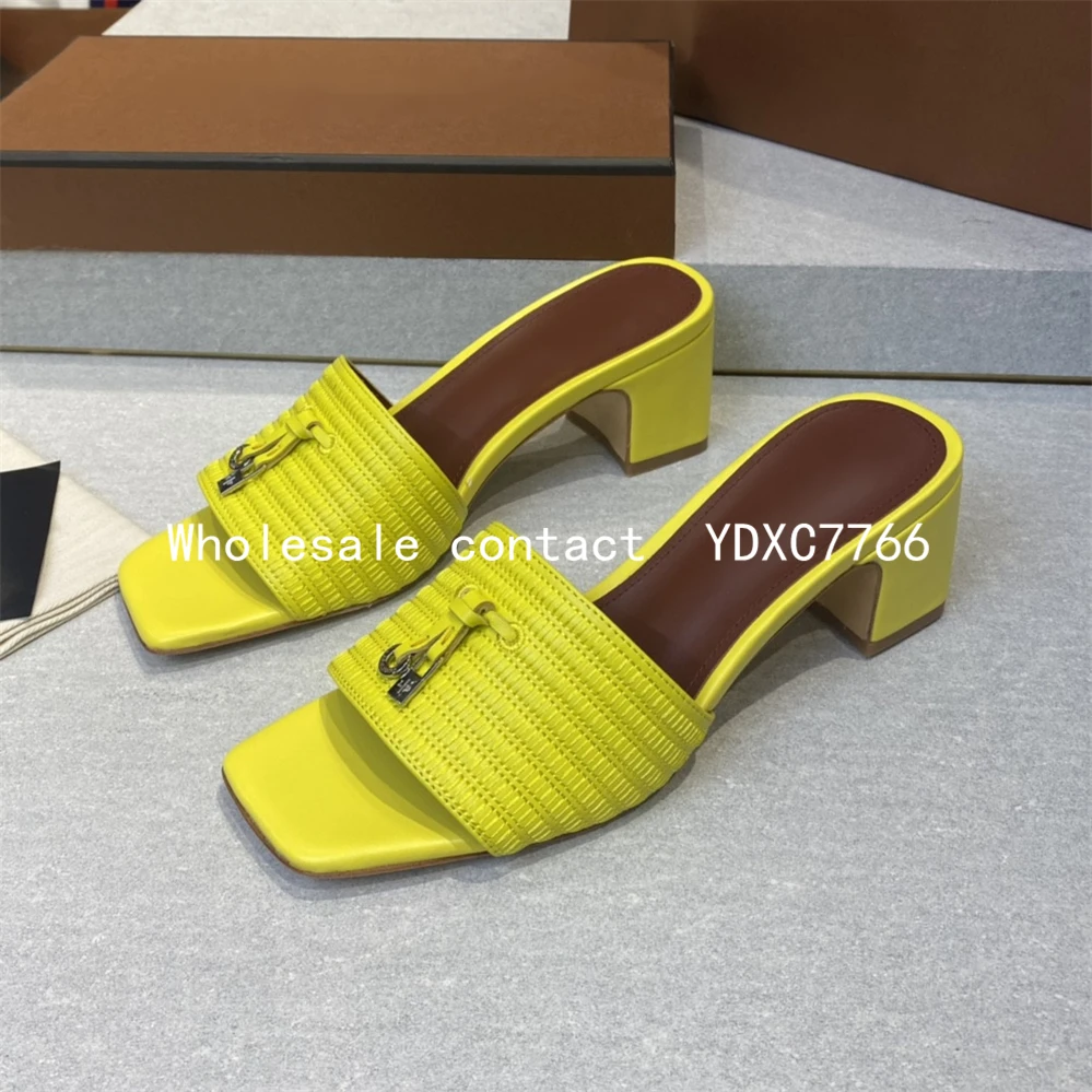 Women's mule metal lock babouche European and American style summer new walking suede calf leather slippers High Heels Sandals
