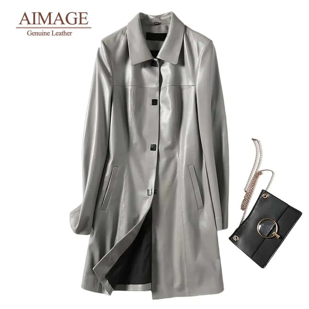 

100% Top Sheepskin Leather Jackets For Women Genuine Overcoats Slim Pockets Trench Coat Luxury Single Breasted Windbreaker PY447