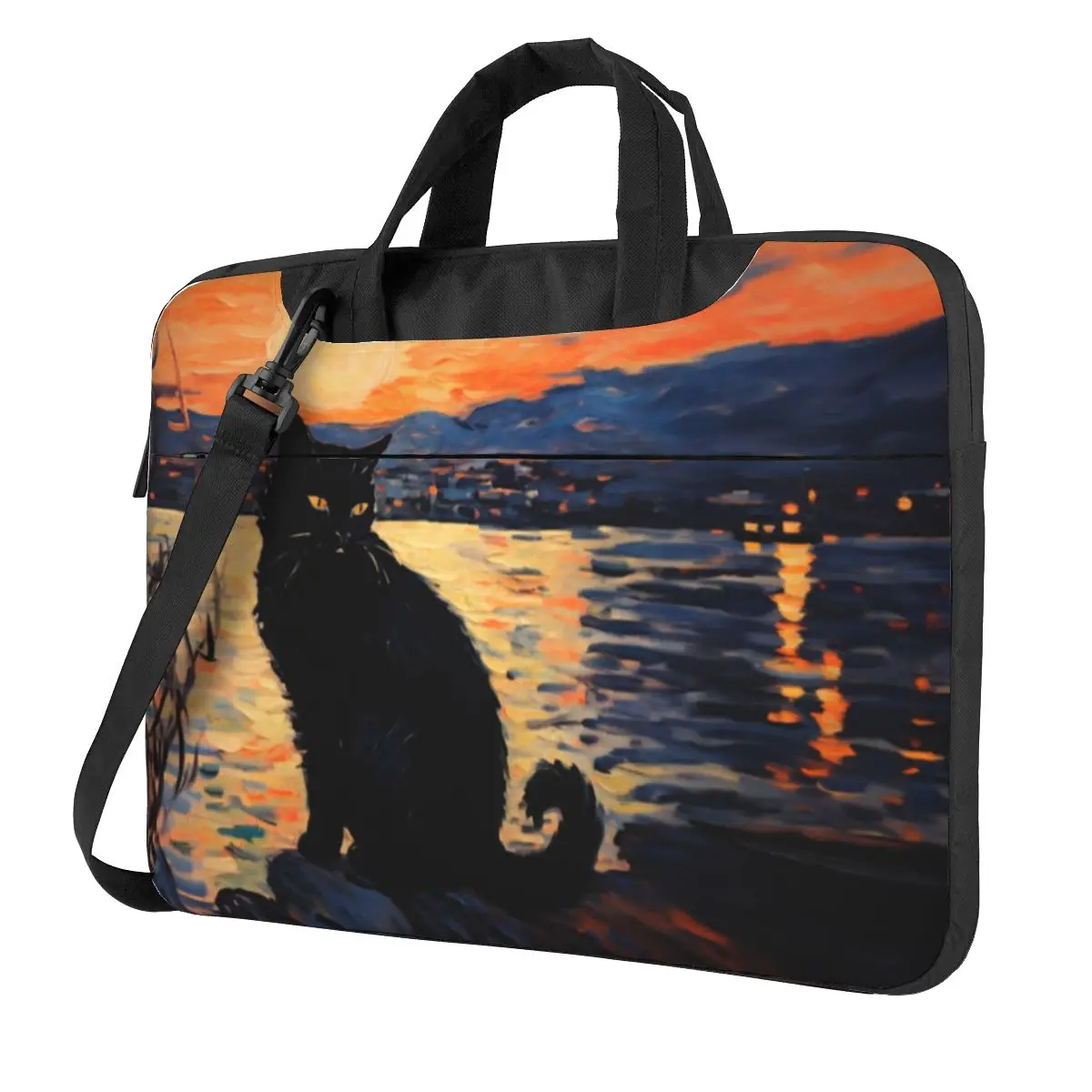 Сумка для ноутбука Черный кот на закате противоударная сумка с милыми животными