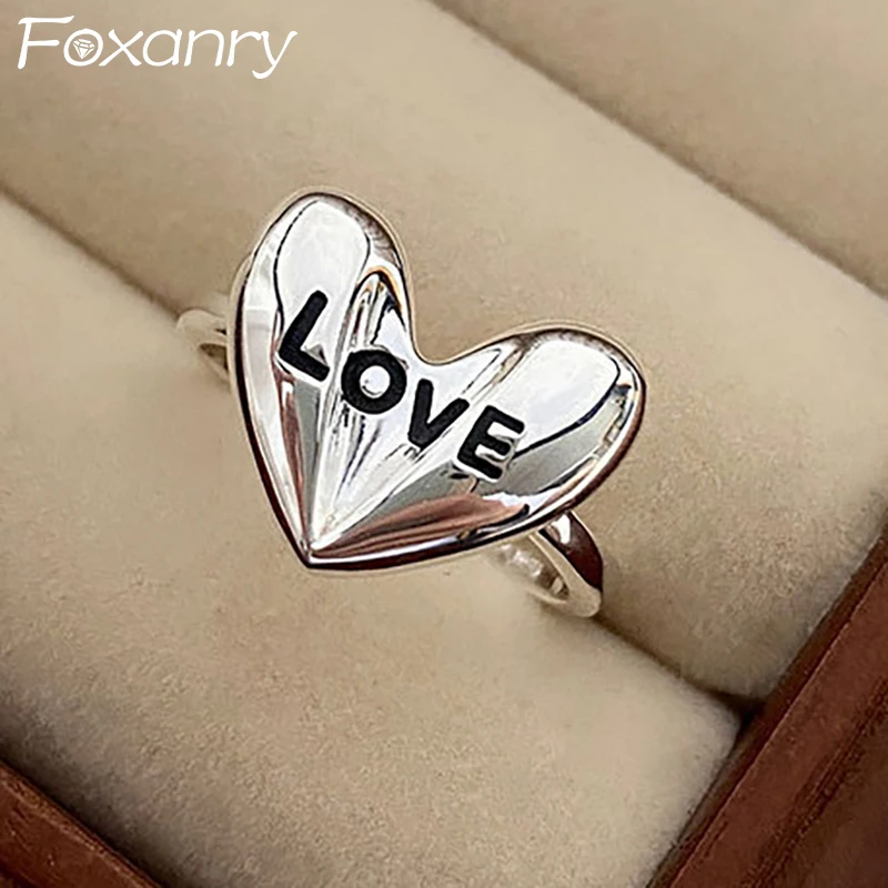 

Foxanry Silver Color Engagement Rings for Women Couples New Fashion Simple LOVE Heart Geometric Handmade Birthday Party Jewelry