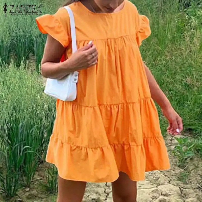 

ZANZEA Summer Bohemian Sundress Women Mini Dress Fashion O Neck Short Sleeve Ruffles Beach Holiday Vestidos Robe Femme Oversized