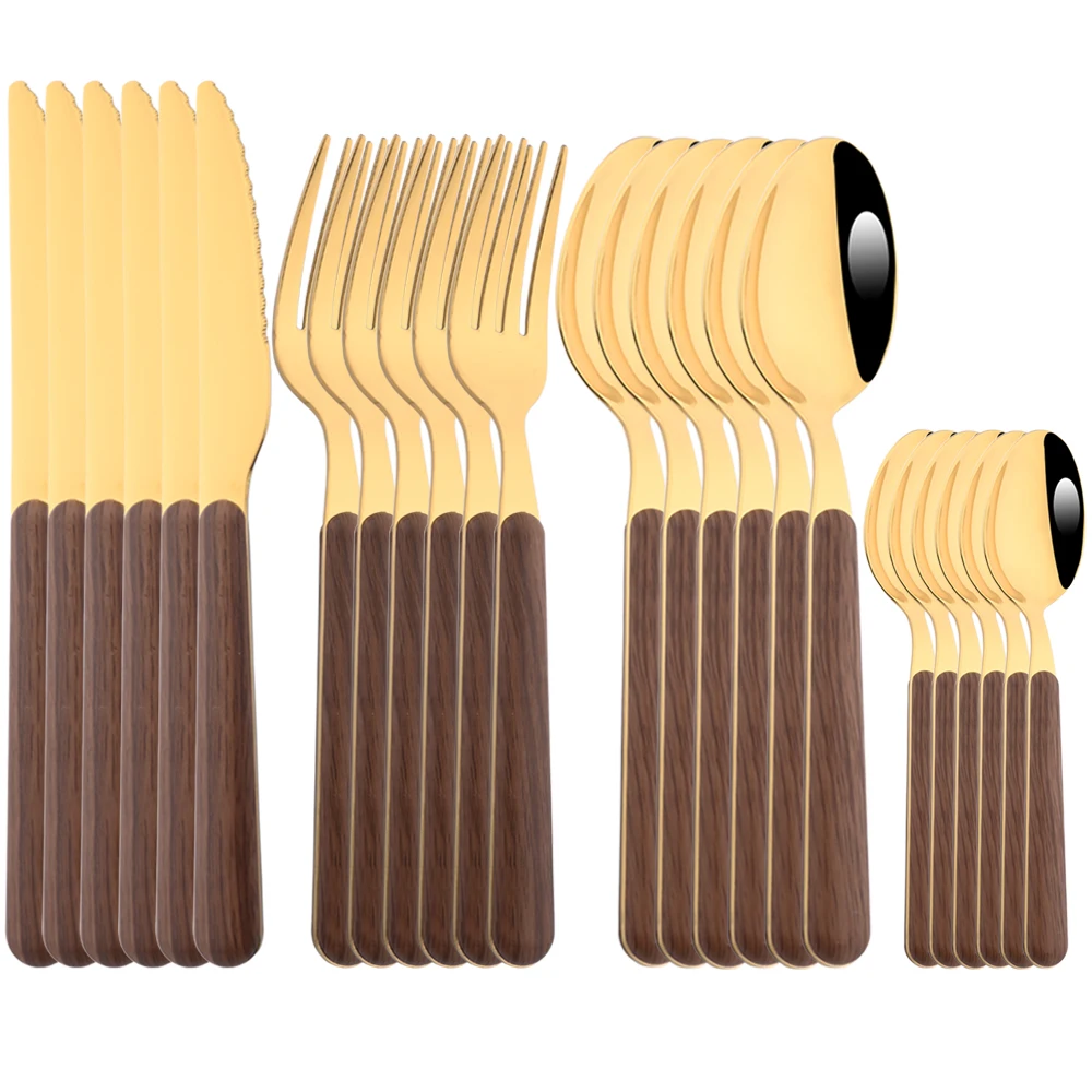 

Drmfiy Gold Cutlery Stainless Steel 6/24Pcs Dinnerware Dinner Imitation Wooden Handle Tableware Knife Spoon Fork Flatware Set