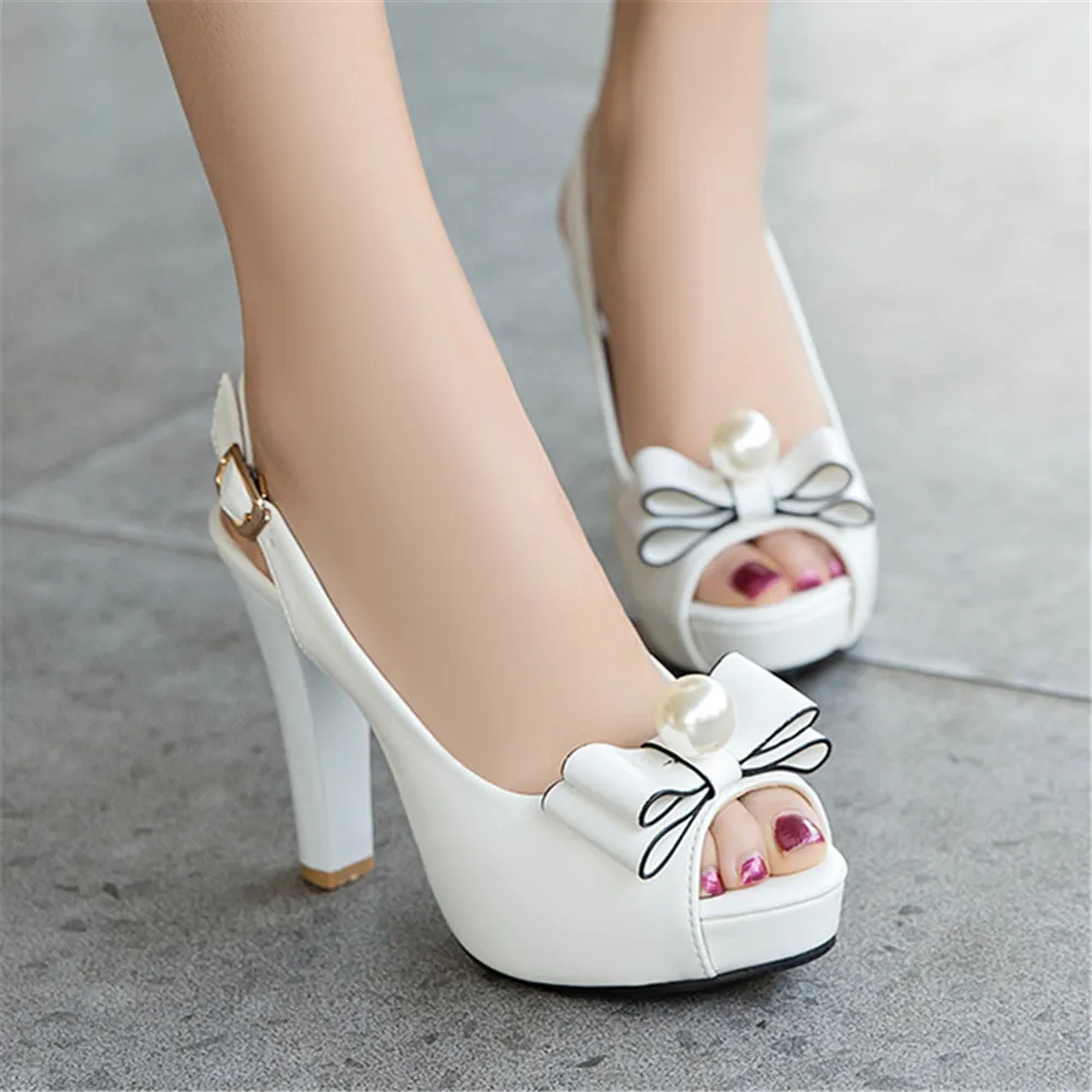 2023 Summer Women Platform High Heels Fashion Bow Peep Toe Slingbacks Ladies White Pink Black Bride Wedding Shoes Party Pumps