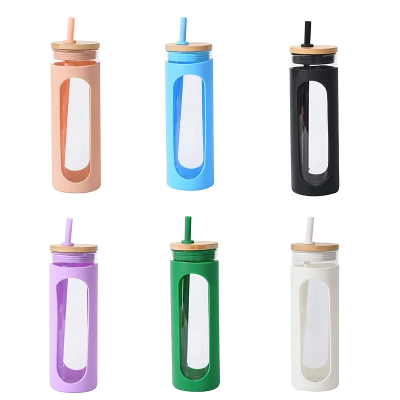 

Reusable 20oz Glass Tumbler Straw Silicone Protective Sleeve Bamboo Lid BPA Free
