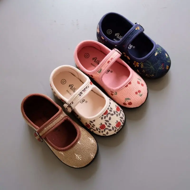 

HoneyCherry New Corduroy Floral Canvas Shoes Girls Square Mouth Indoor Shoes Soft Soled Non-slip Shoes