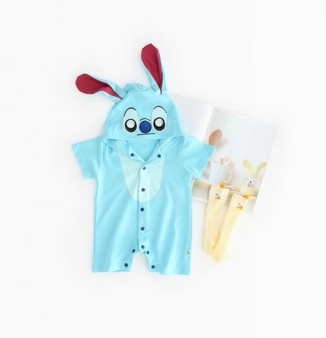 

Детский комбинезон Disney Lilo & Stitch, летняя одежда для мальчиков и девочек, милый комбинезон с короткими рукавами и длинными ушками кролика с кап...