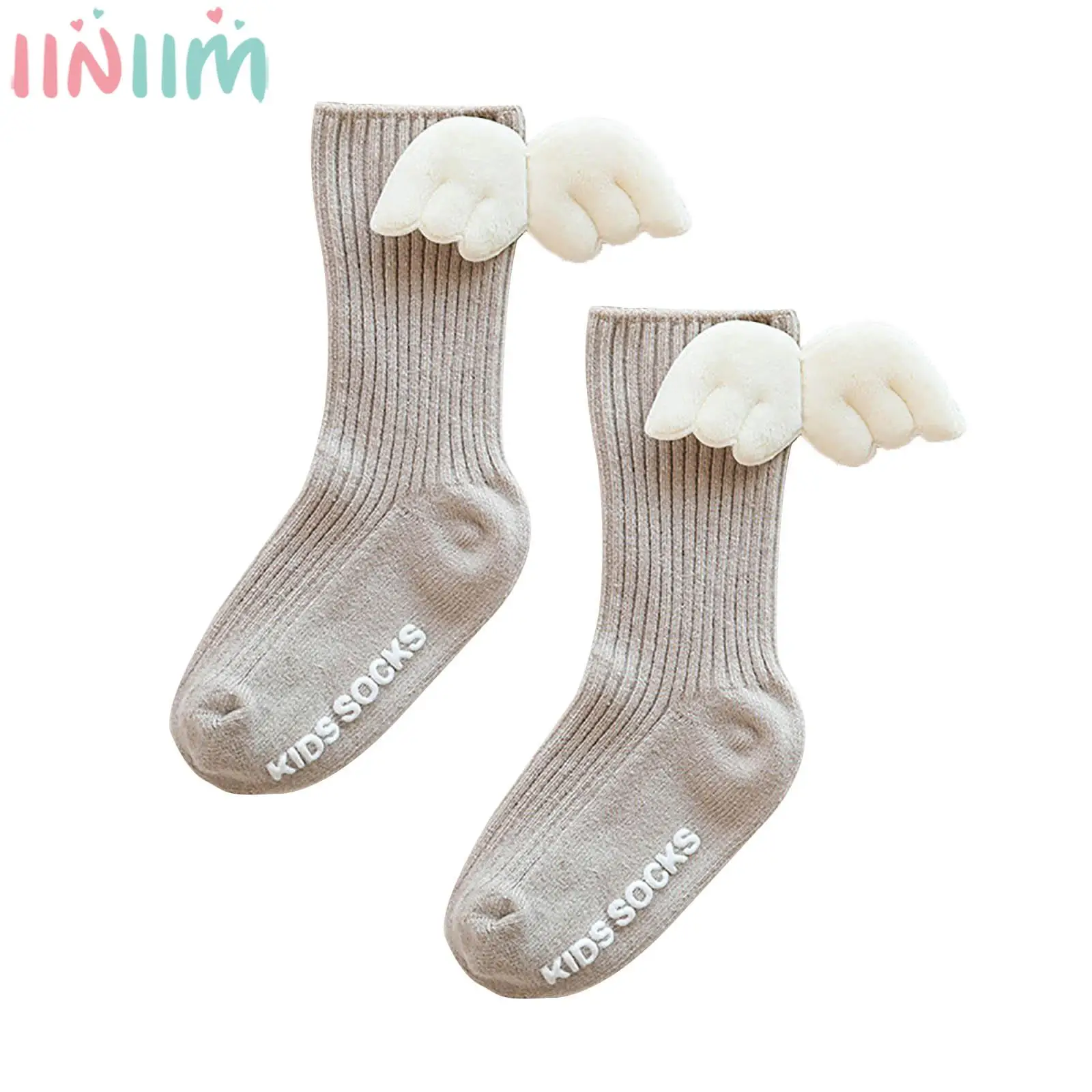 

Милые детские носки для девочек с украшением в виде крыльев, Нескользящие однотонные носки средней длины, повседневные теплые Чехлы для ног...