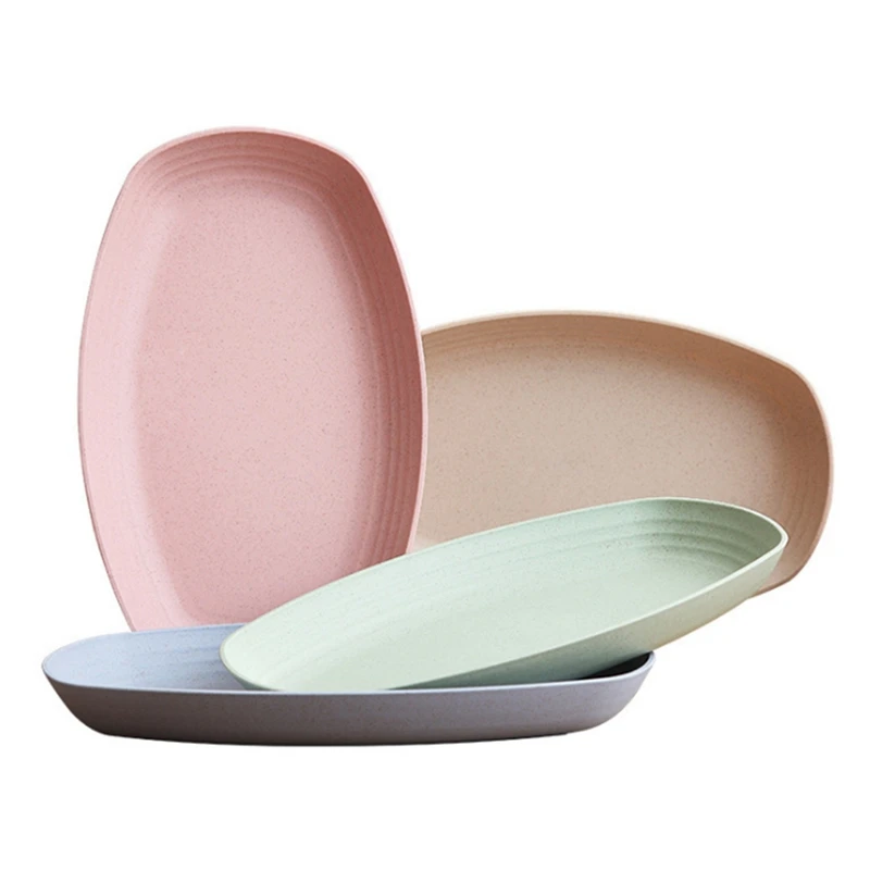 

4Pcs Wheat Straw Oval Shape Fruit Dessert Food Storage Plates