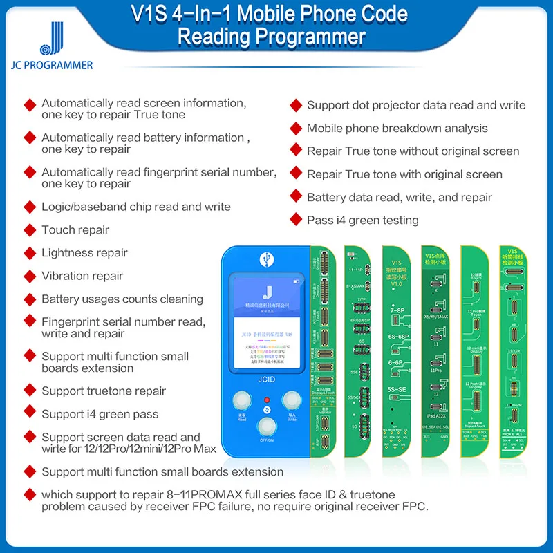 

6 In 1 JC V1S Phone Ture Tone Repair Programmer for Phone 7 7P 8 8P X XR XS XS MAX 11 Pro MAX 12 Battery Fingerprint SN Reader