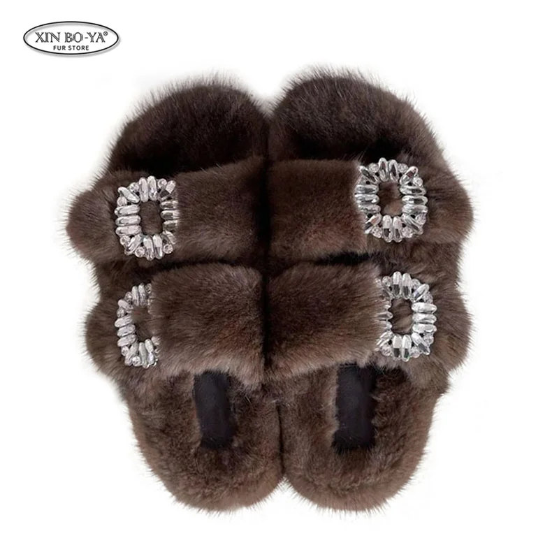 Тапки женские меховые натуральный мех сланцы плоская подошва Европейская