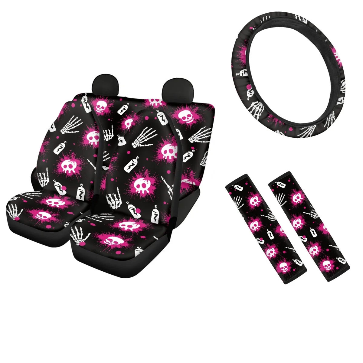 

Комплект чехлов для автомобильного сиденья для женщин и мужчин, готический рисунок черепа, простой в установке, дизайн со скелетом, чехол на руль для внедорожника