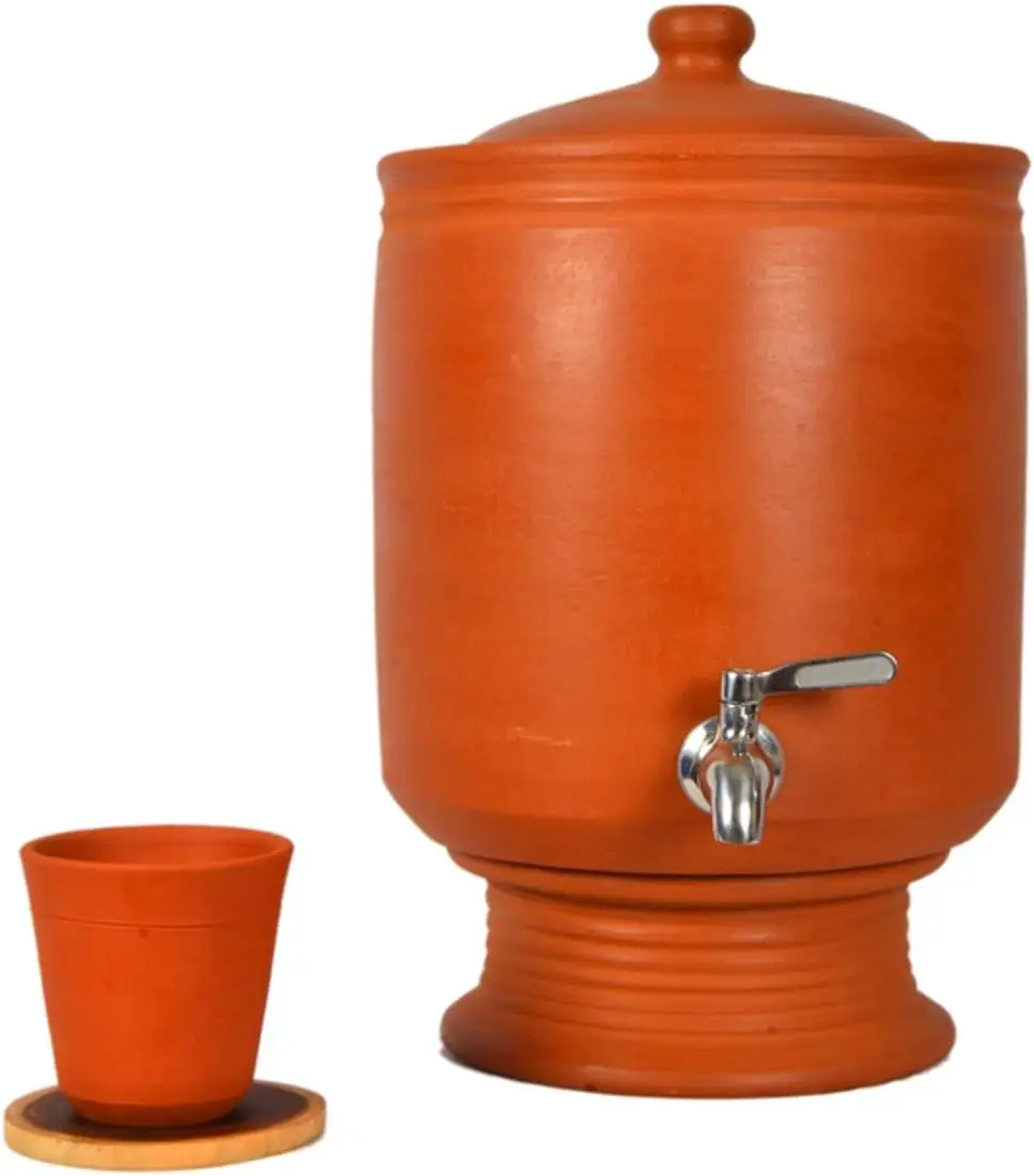 

Earthen Clay water pot | Water Dispenser Includes Clay Lid, Glass and Stand, Wooden Coaster and Stainless Steel Faucet. Capacity
