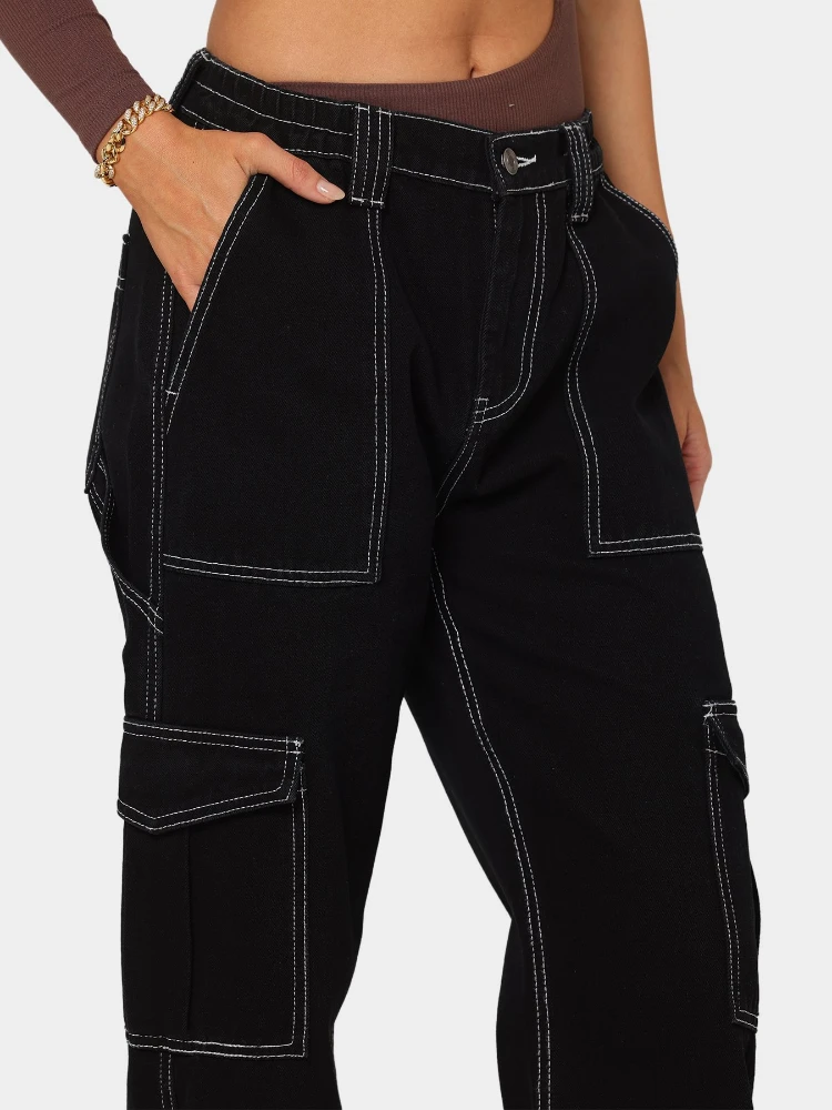 

Streetwear Casual High Waist Stretch Waist Black Cargo Pants Loose Denim Multi Pocket Blue Jeans for Women All Season Bottoms