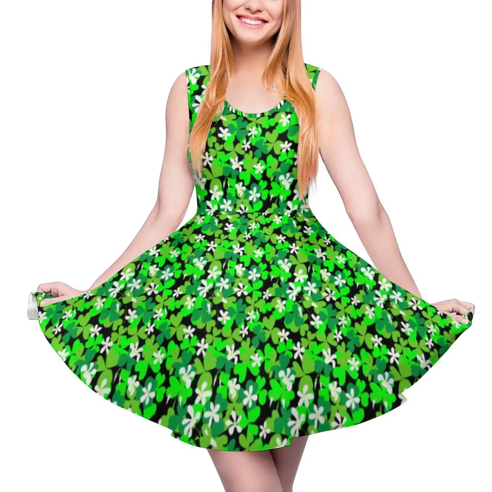 

Lucky Shamrock Dress Sleeveless Green Leaves Print Street Style Dresses Summer Female Oversized Beach Graphic Skate Dress