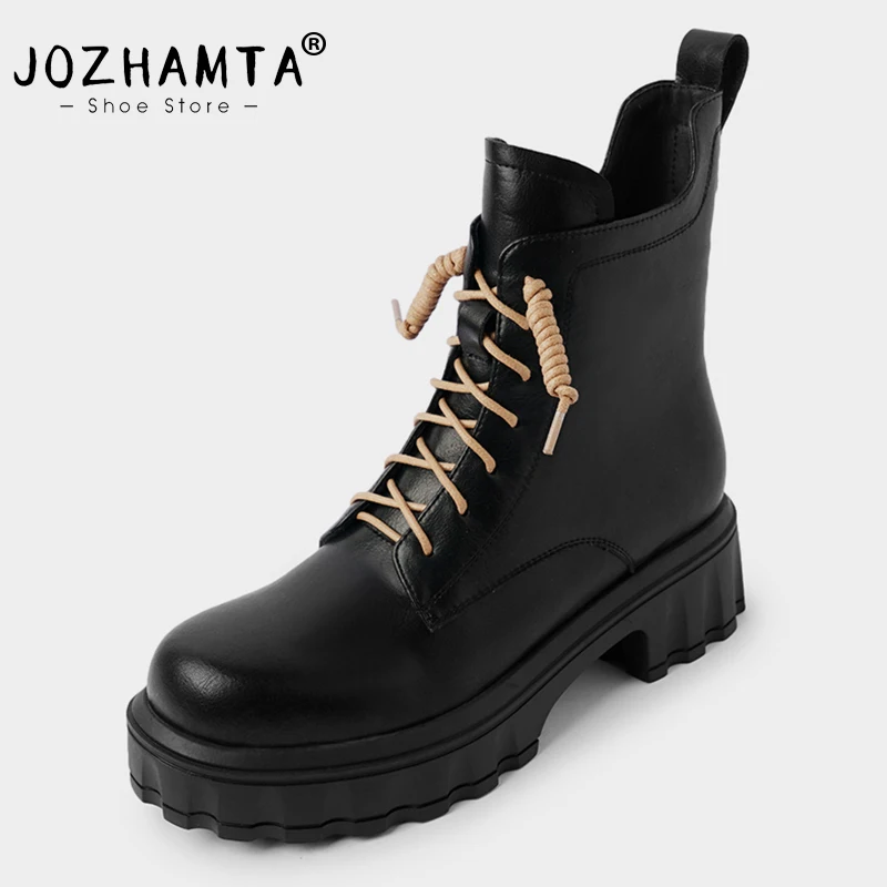 

Женские ботильоны JOZHAMTA из натуральной кожи, Зимние полусапожки на платформе и высоком каблуке, на шнуровке, короткие сапоги на массивном каблуке, размеры 34-39