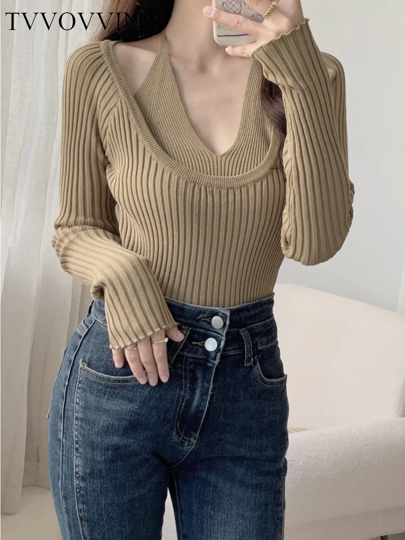 

2022 TVVOVVIN French Autumn New Fake Two Piece V-neck Halter Neck Slim Black Short Knit Sweater Top Sweet Korena Women N3MR