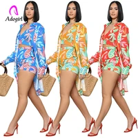 floral printed women 3 piece set long cardigan off shoulder crop top skinny shorts matching beach set 2022 summer bathing suit