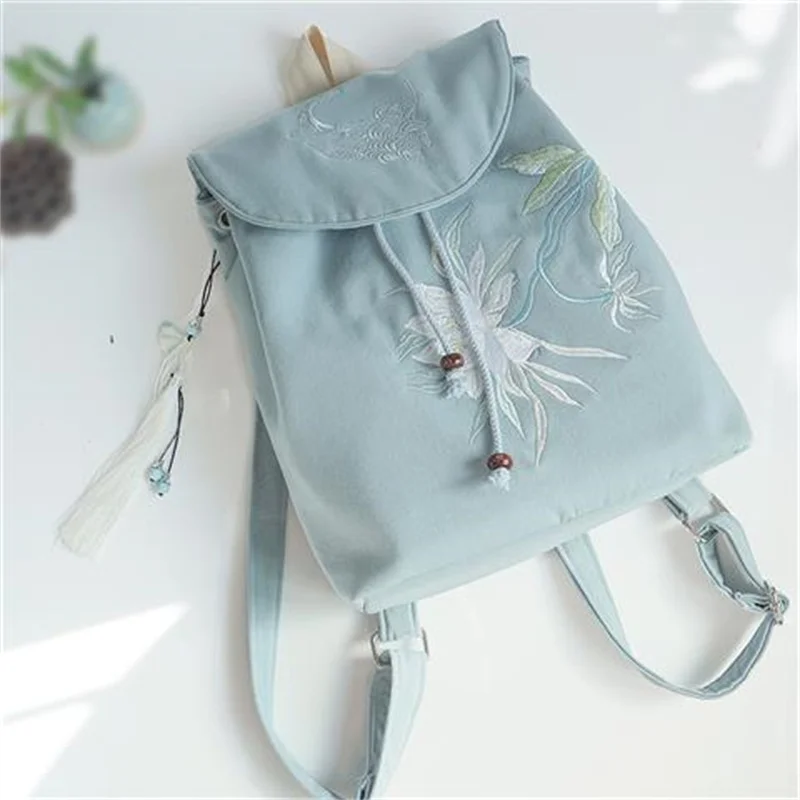 

New Chinese Retro Literary Women's Backpack Embroidered Drawstring Canvas Bag