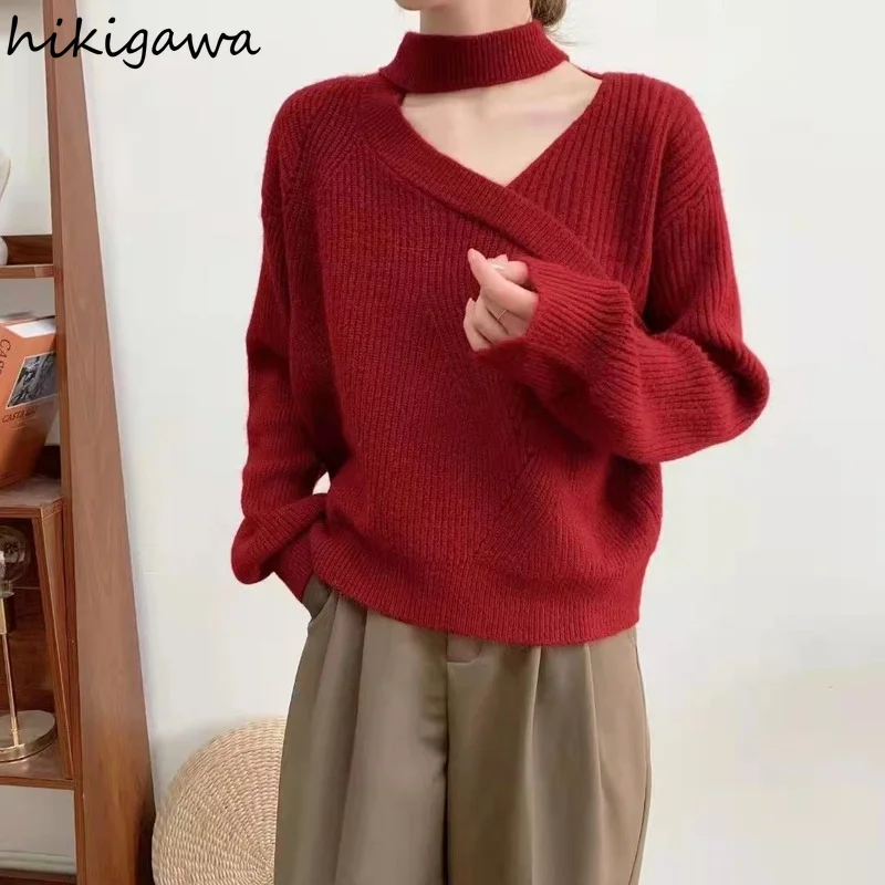 

Модные топы для девочек 2022, женские корейские пуловеры, темпераментный женский сексуальный Свободный Повседневный свитер с вырезами