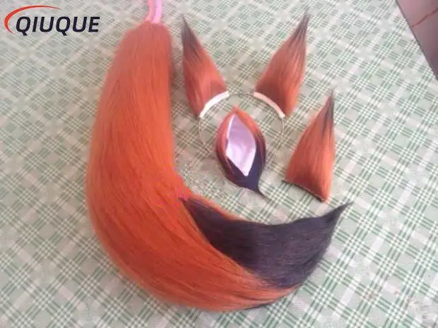 

Заколка для волос «кошачий хвост» с ушками из темно-коричневого лисьего хвоста