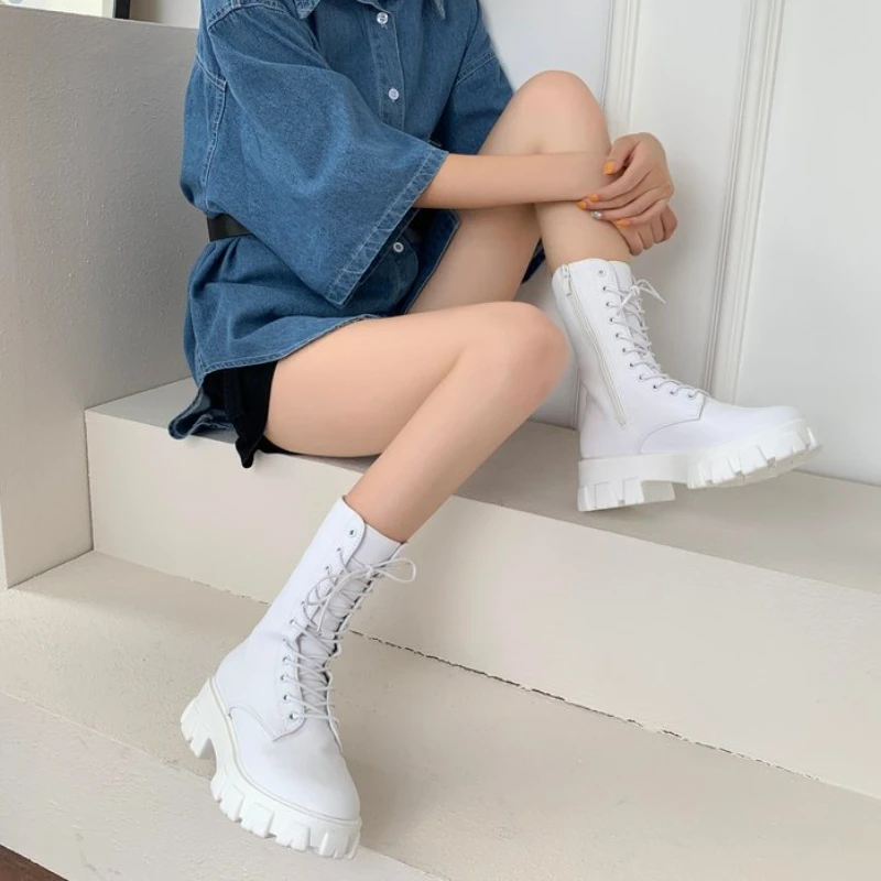 2023 new thickened winter short medium boots ladies white nude boots square heel boots fashion thick bottom women's shoes Mujer