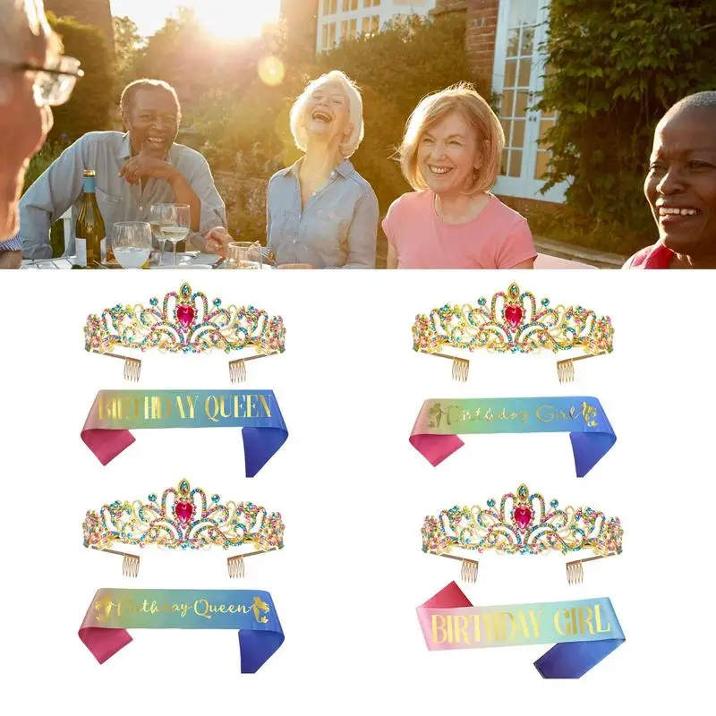 

Birthday Party Etiquette Belt Crystal Crown Tiara Birthday Shoulder Strap Anniversary Rainbow Gradient Birthday Sash And Tiara