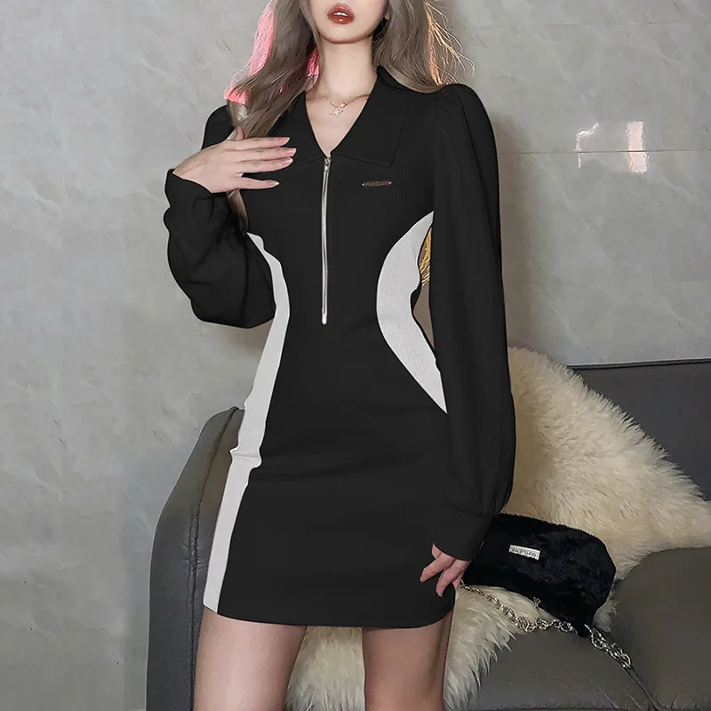 

Women's New Color Splicing Fashion Lapel Temperament Waist Show Thin Bag Buttock Dress
