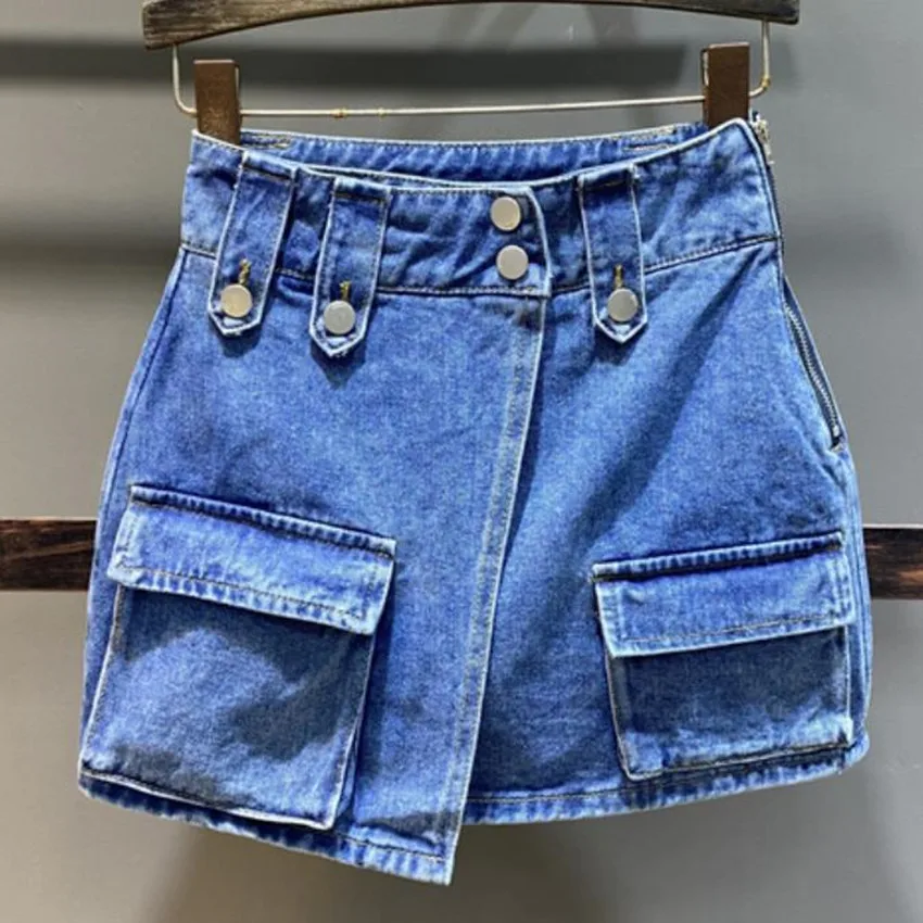 

Denim Skirt Women Summer Autumn Double Pocket High Waist A-line Package Hip Short Skirt