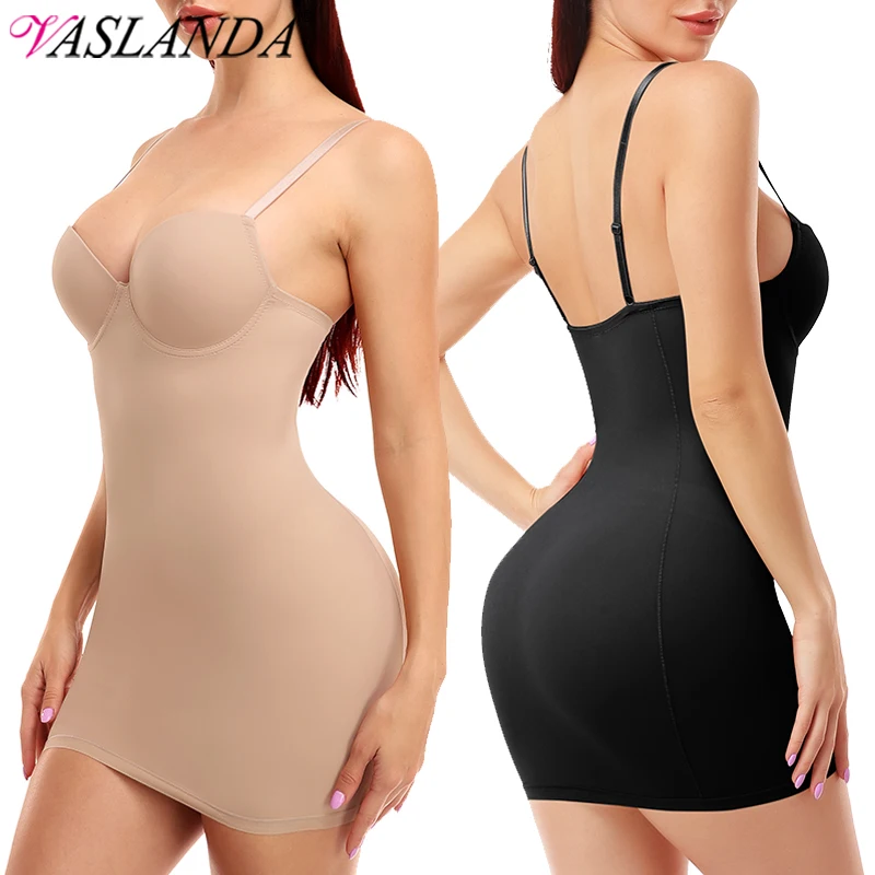 Women Full Slips Basic Under Dress Adjustable Straps Cami Seamless Smooth Tummy Control Body Shaper Built In Bra Deep V Bodycon