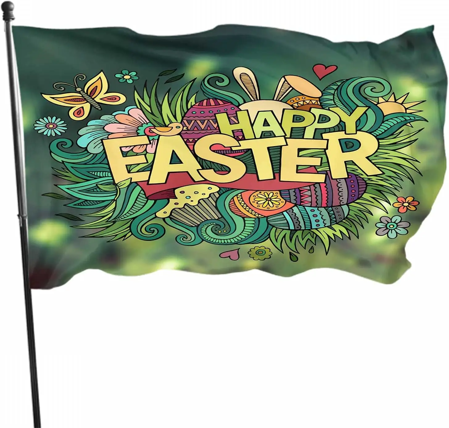 Happy Easter Calligraphy Flag Decor 3x5 Ft Ethnic Tribal Nature Rabbit Grass Forest Botanical Polyester Pattern Outdoor Decor