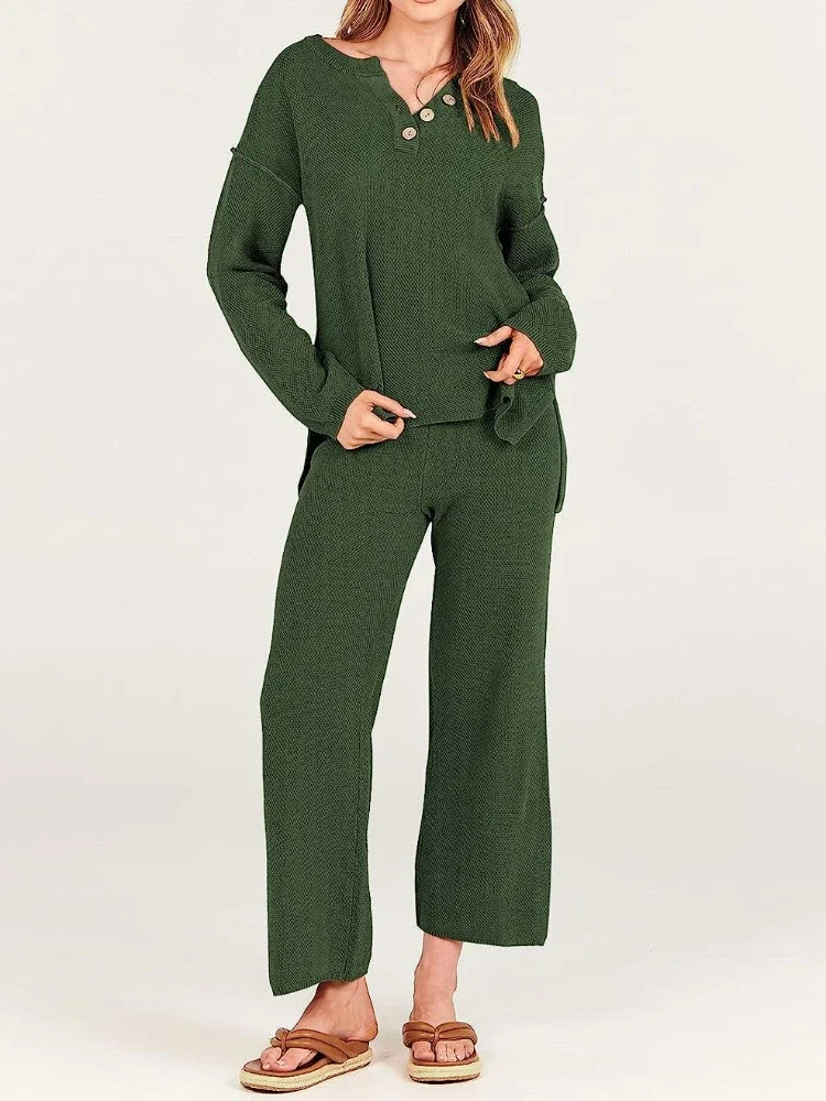 

Two Piece Set Women Outfit 2023 Solid V-neck Long Sleeved British Style Button Home Suit Pant Sets for Women 2 Pieces