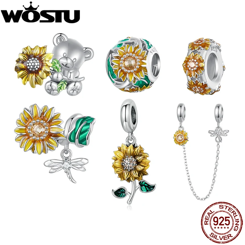 

WOSTU 925 Sterling Silver Girl Pearls Sunflower Clock Charms Beads Pendant Fit Original Bracelet Necklace For Women Jewelry