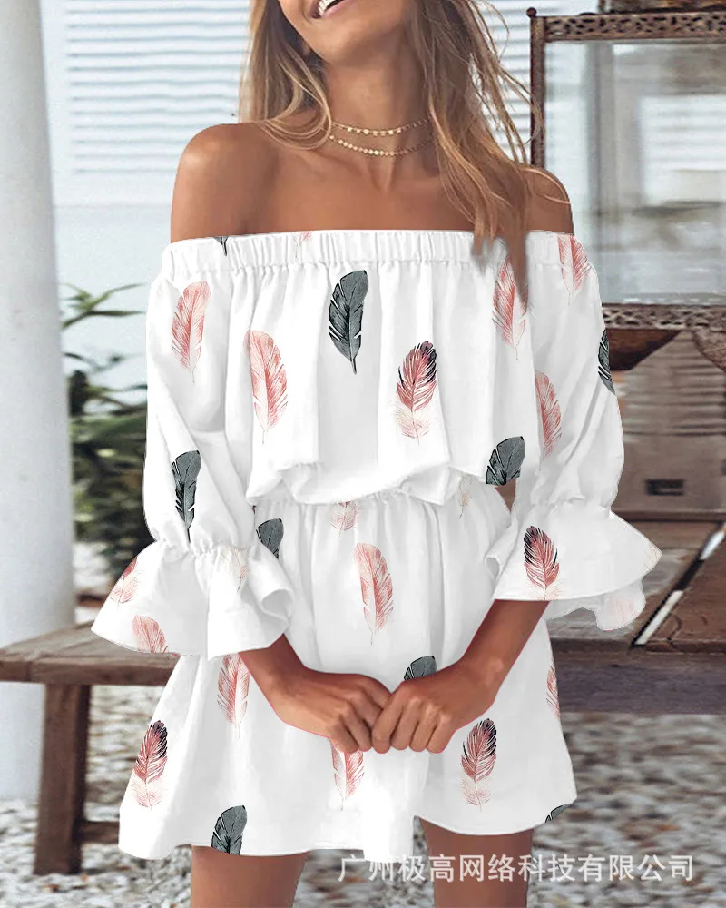 

2023 Spring and Summer Women's Fashion a Shoulder Feather Print Dress Temperament Commuter Casual Loose Short Dresses for Women