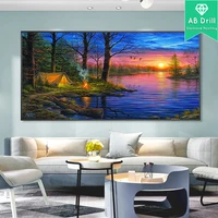 5d ab diamond painting lake sunset scenery drill square round diamont embroidery camping mosaic pour glue pictures home decor