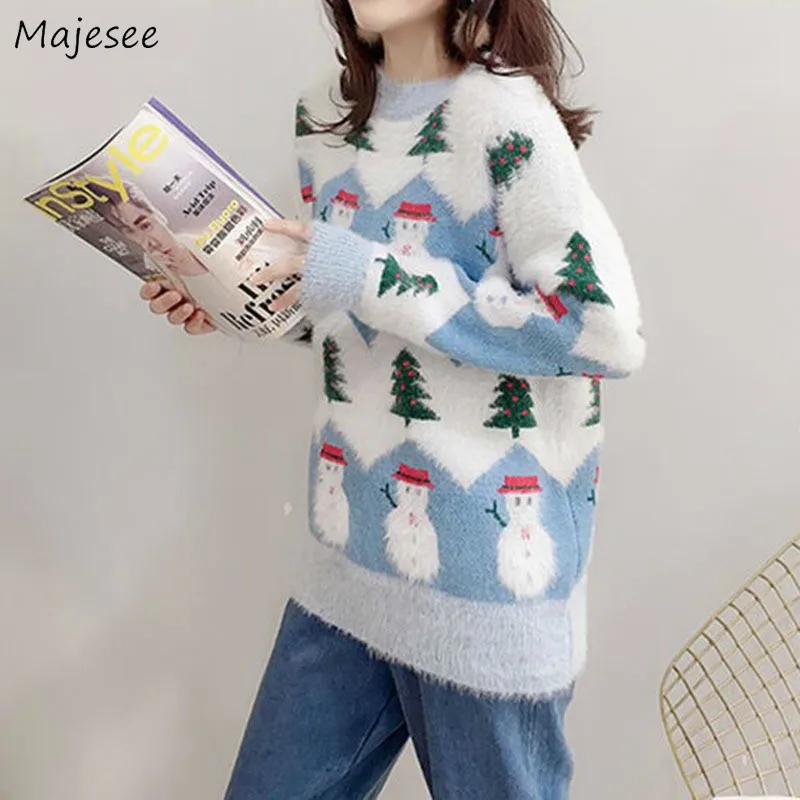 

Pullovers Women Winter Hot Sale Long Sleeve Kawaii Printed Warm Soft Loose O-neck Popular Sweet Knitting Sweaters Female Chic