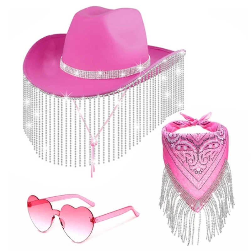 

Y1UB Cowboy Hat with Cowgirl Bandanas and Sunglasses Fashionable Wide Brim for Party