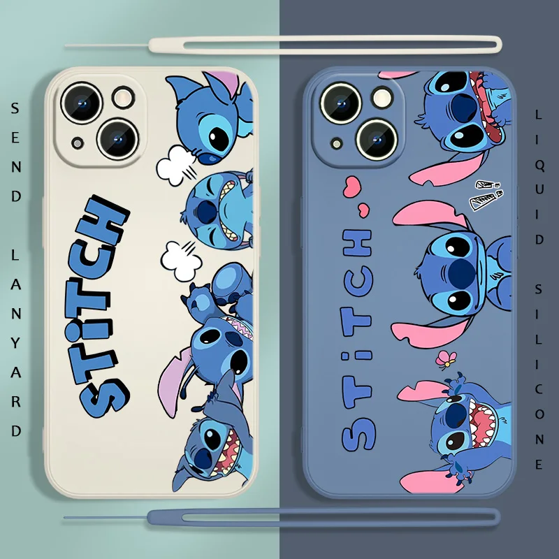 

Cute Anime Stitch Phone Case For Apple iPhone 14 13 12 mini 11 Pro Max 8 7 Plus XR XS X Liquid Rope Funda Cover
