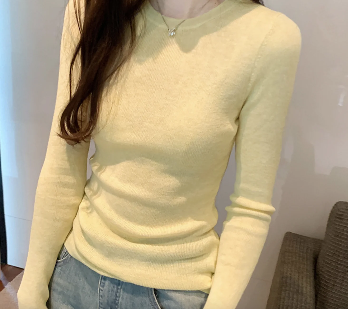 

Однотонная Базовая Трикотажная рубашка для женщин с мягким круглым вырезом