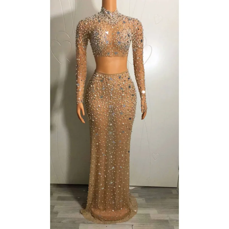 

Блестящий яркий прозрачный топ с жемчужинами, вечерний наряд, празднование дня рождения, комплект из 2 предметов, Женский танцевальный костюм didi