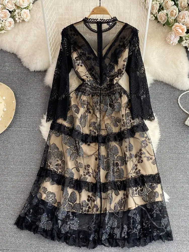 

Женские модельные дизайнерские кружевные платья-трапеции с блестками и цветочной вышивкой, Роскошные вечерние платья, женские элегантные ...