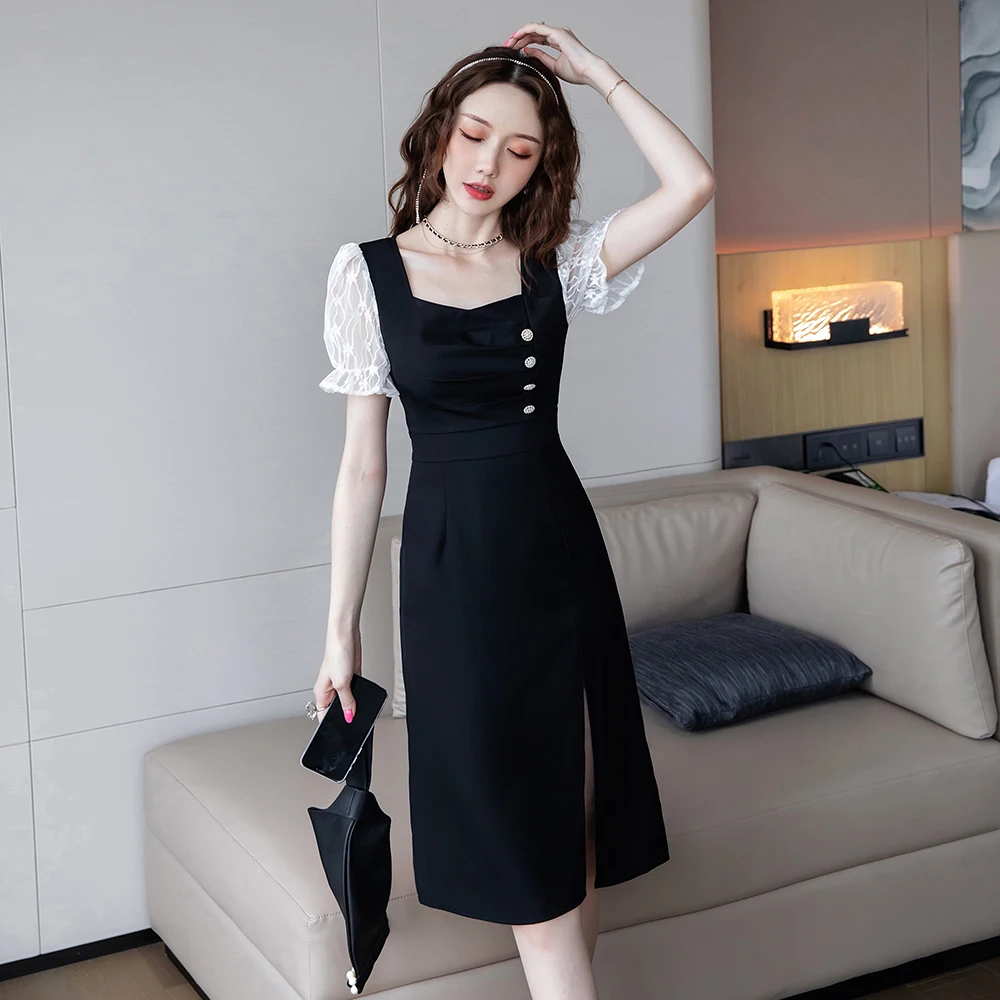 

COIGARSAM Women One Piece Korea Dress Summer New Patchwork Lace Black Dresses Dropshipping